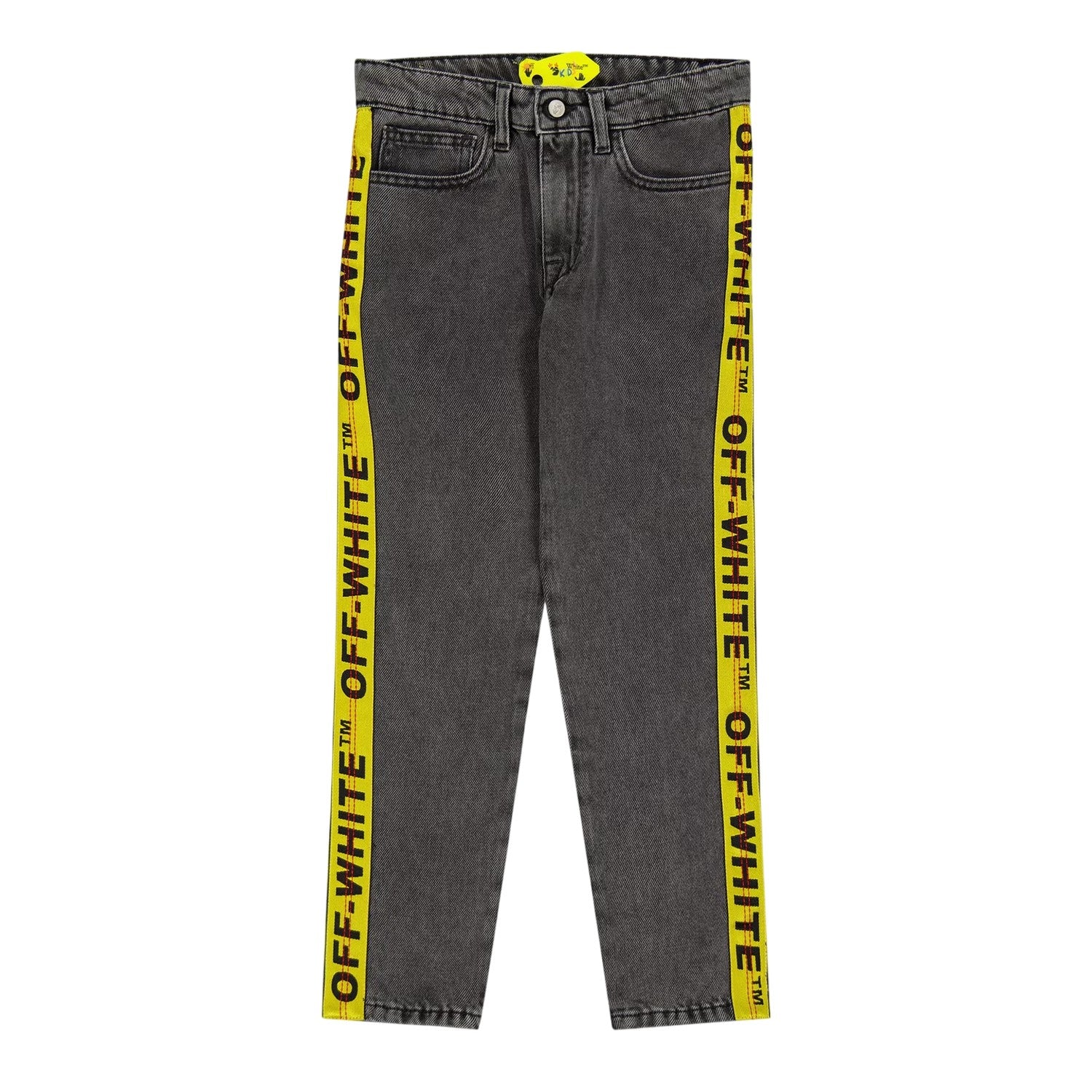 Grey-Yellow - Front - Off White Childrens-Kids Washed Denim Logo 5 Pockets Straight Jeans