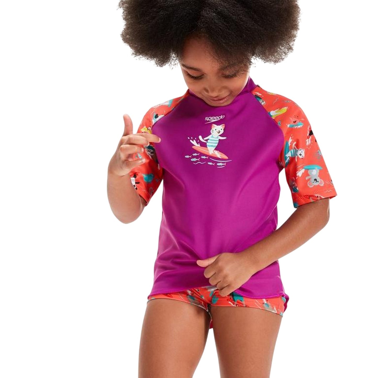 Purple-Pink - Side - Speedo Childrens-Kids Cat Endurance 10 Rash Guard Set