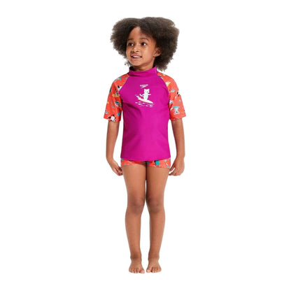 Purple-Pink - Pack Shot - Speedo Childrens-Kids Cat Endurance 10 Rash Guard Set