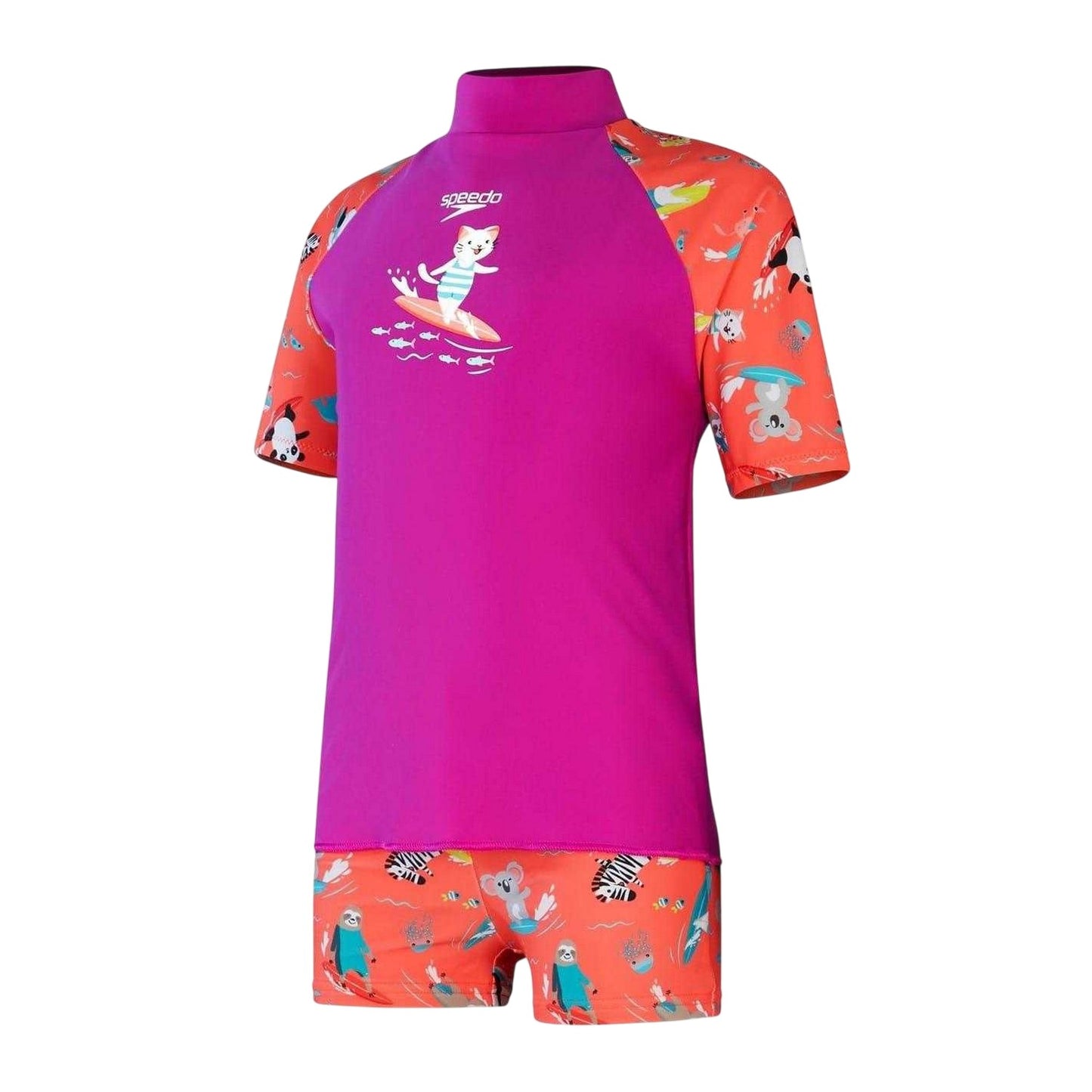 Purple-Pink - Front - Speedo Childrens-Kids Cat Endurance 10 Rash Guard Set