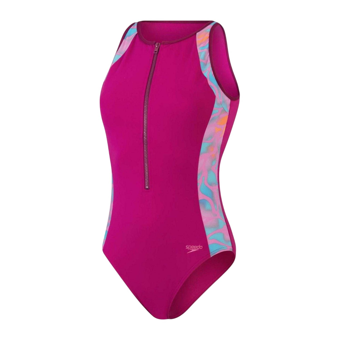 Purple-Orange - Front - Speedo Womens-Ladies Panel Half Zip One Piece Swimsuit