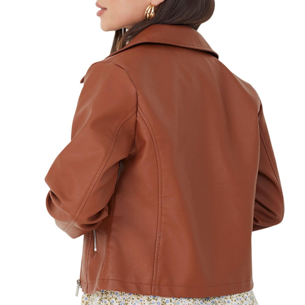 Tan Melange - Back - Brave Soul Womens-Ladies Faux Leather Zipped Biker Jacket