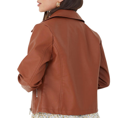 Tan Melange - Back - Brave Soul Womens-Ladies Faux Leather Zipped Biker Jacket