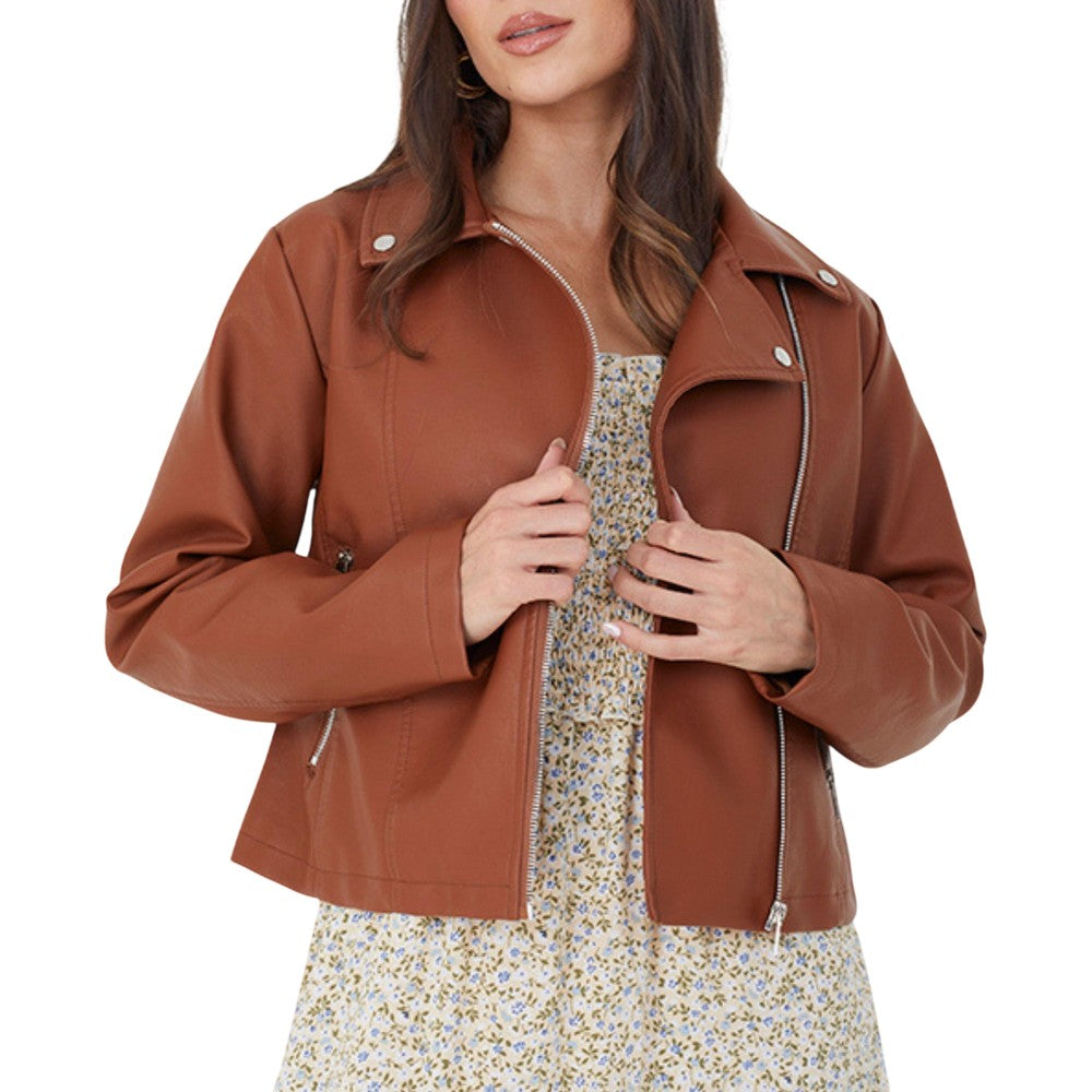 Tan Melange - Front - Brave Soul Womens-Ladies Faux Leather Zipped Biker Jacket