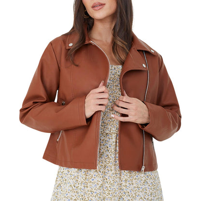 Tan Melange - Front - Brave Soul Womens-Ladies Faux Leather Zipped Biker Jacket
