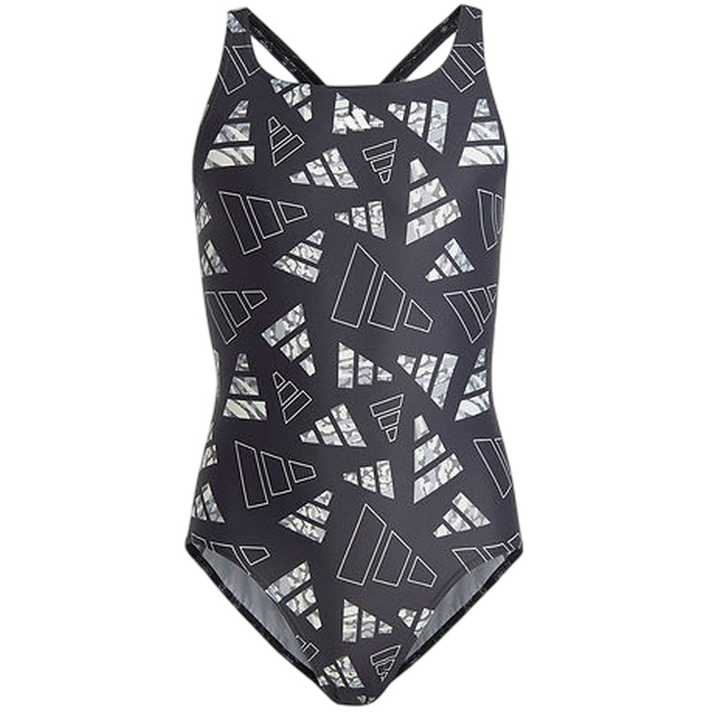 Black - Front - Adidas Girls All-Over Print One Piece Swimsuit