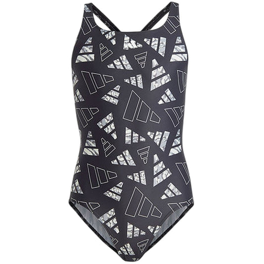 Black - Front - Adidas Girls All-Over Print One Piece Swimsuit