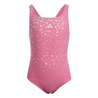 Pink Fusion Print - Front - Adidas Girls Glam Leopard Print One Piece Swimsuit