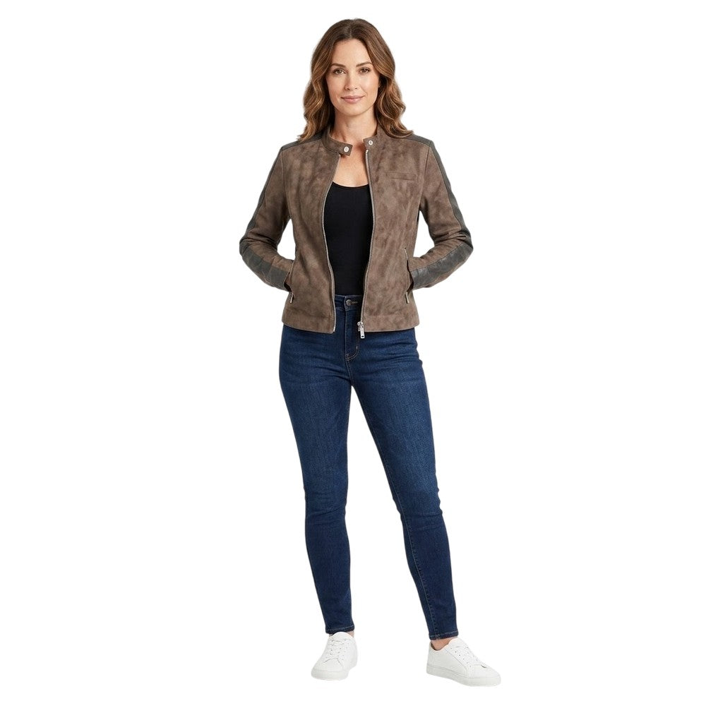 Brown - Side - Kangol Womens-Ladies Mock Neck Racer Jacket