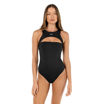 Black-White - Side - Off White Womens-Ladies Rower Cut Out One Piece Swimsuit