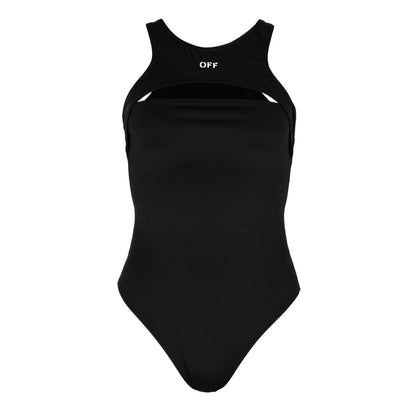 Black-White - Front - Off White Womens-Ladies Rower Cut Out One Piece Swimsuit