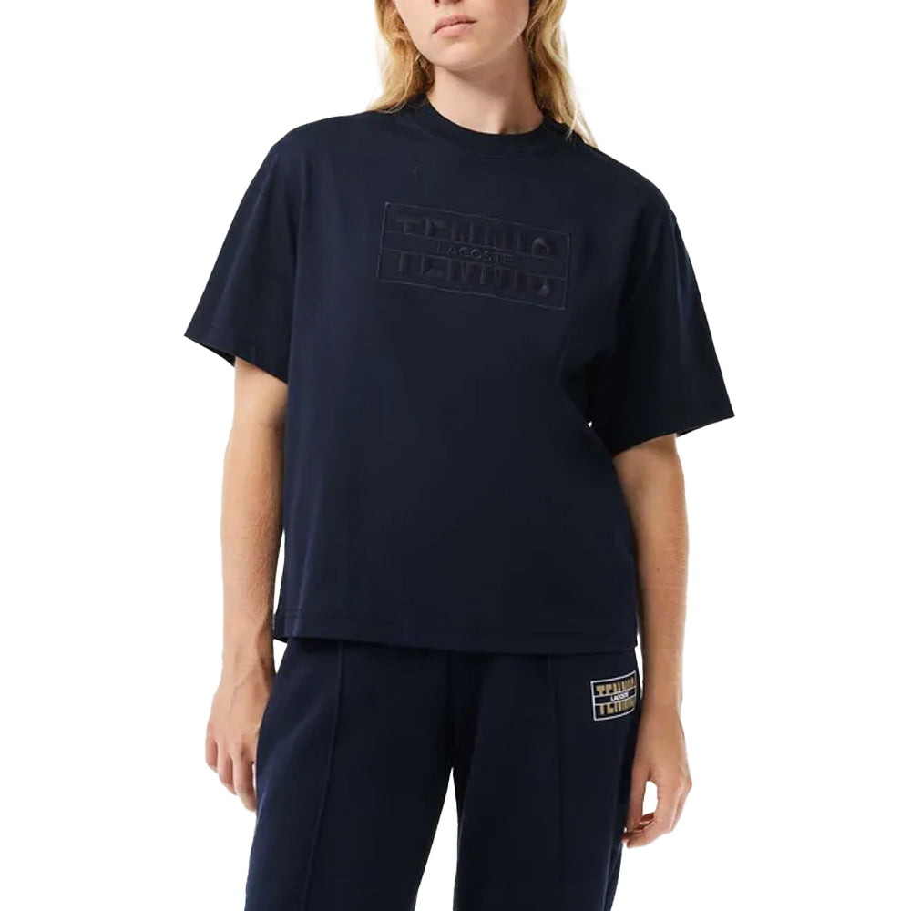 Blue - Side - Lacoste Womens-Ladies Embroidered Cotton Oversized Tennis T-Shirt