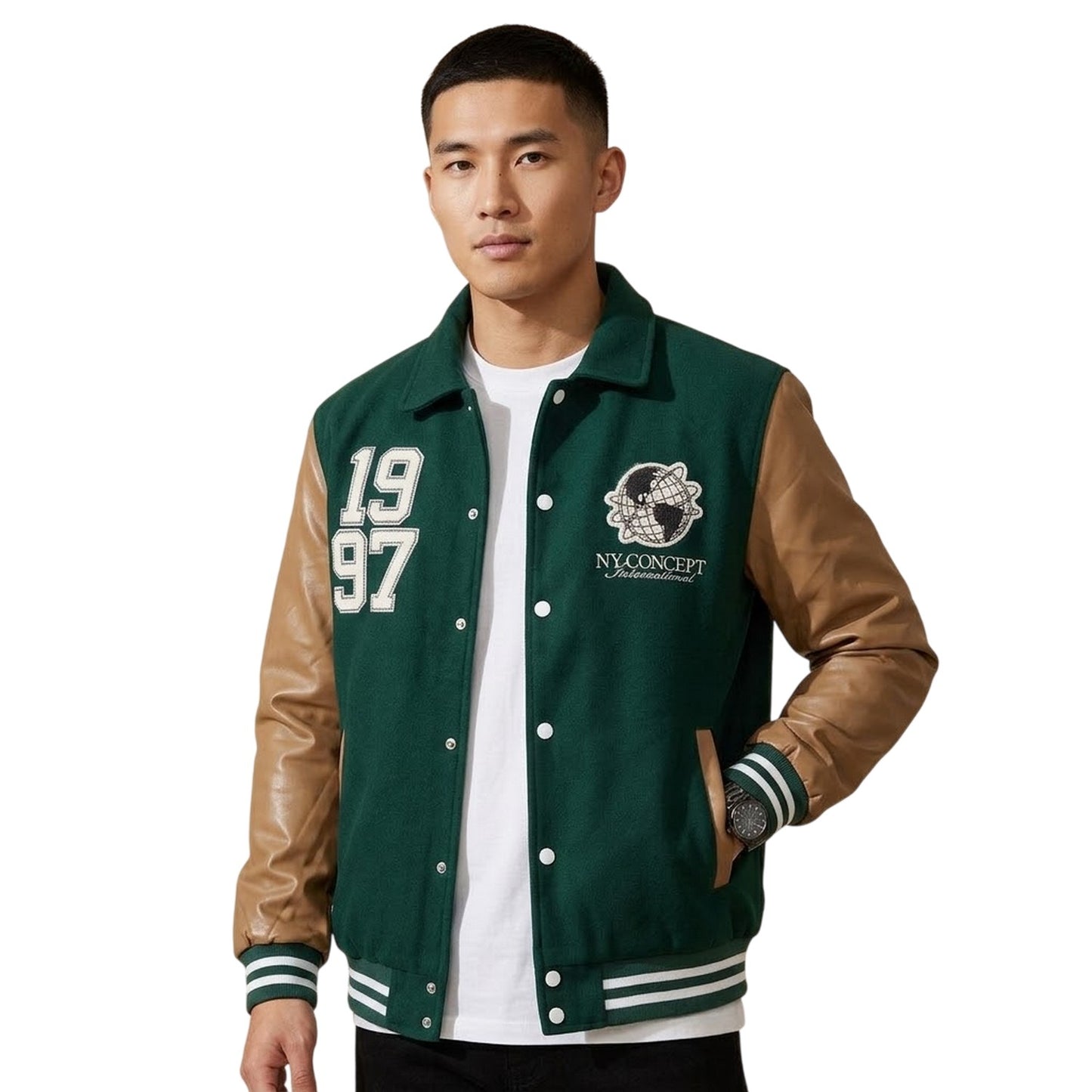 Green - Side - NYC Mens Snap-Front Varsity Jacket