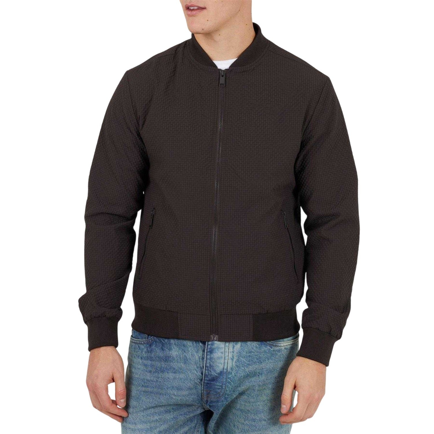Brown - Front - Brave Soul Mens Seersucker Bomber Jacket