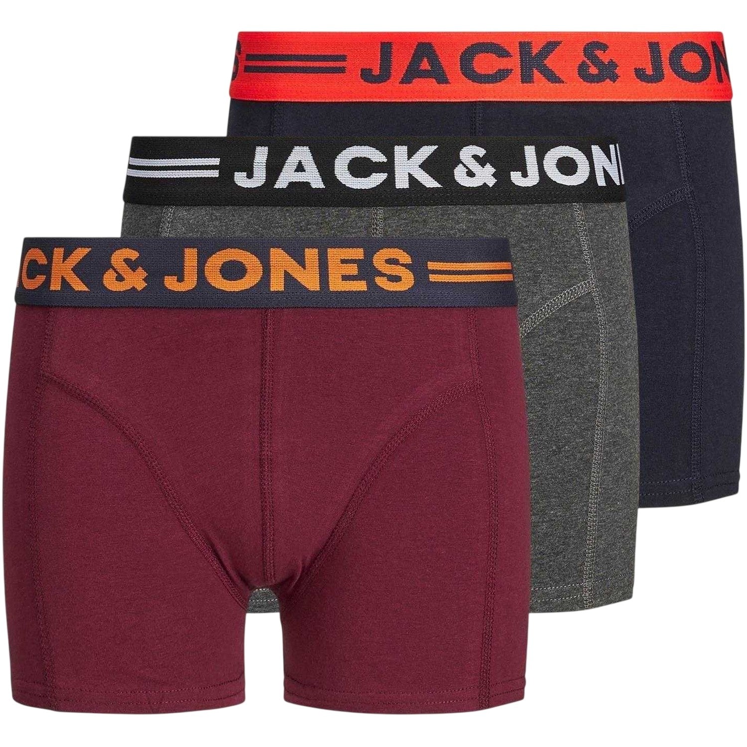 Burgundy-Grey-Navy - Front - Jack And Jones Boys Lichfield Briefs (Pack of 3)