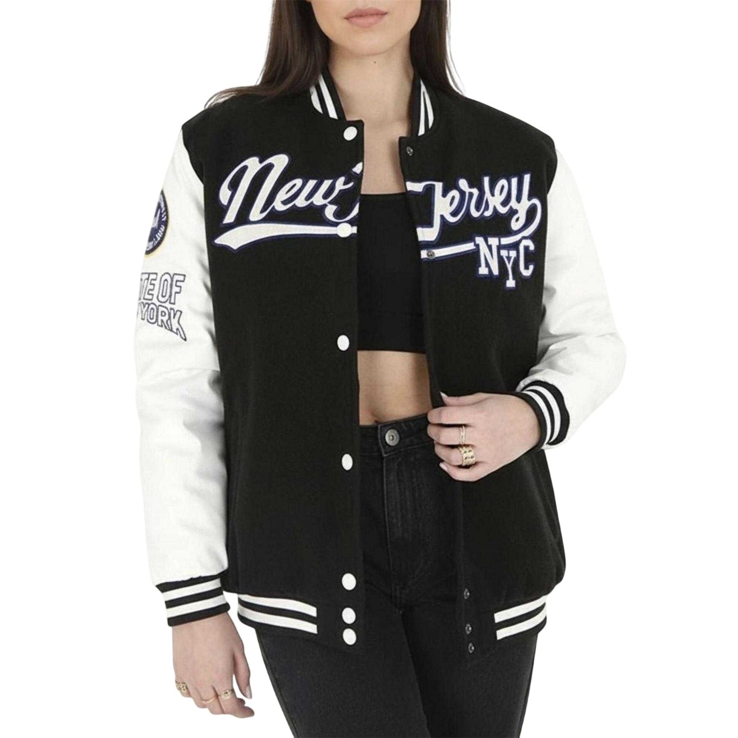 Black-White - Front - Brave Soul Womens-Ladies Badge Oversized Varsity Jacket