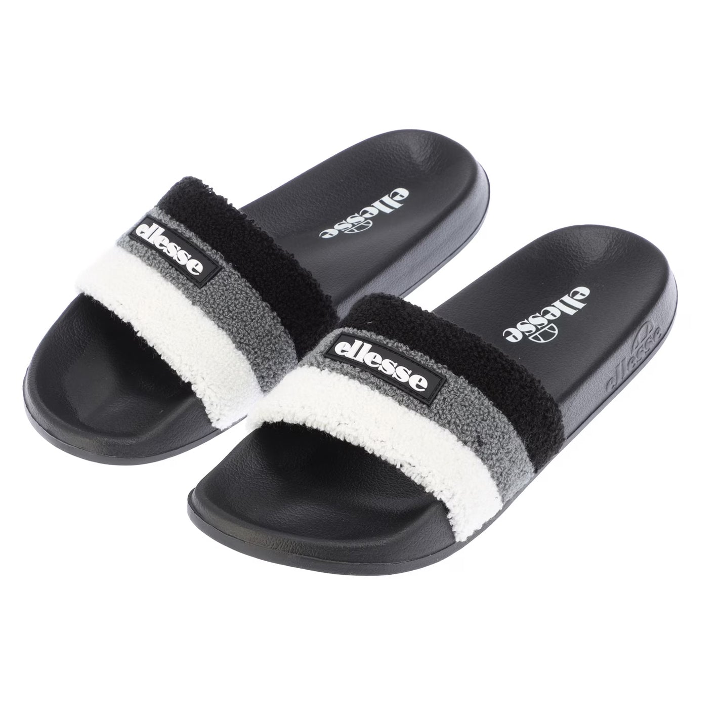 Black-Grey - Pack Shot - Ellesse Mens Triple Stripe Terrycloth Open Toe Slides