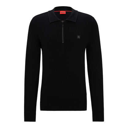 Black - Front - Hugo Mens Sastoon Stacked Logo Knitted Quarter Zip Polo Shirt