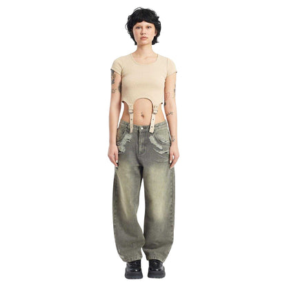 Grey - Side - The Ragged Priest Womens-Ladies Crescent Denim Wide Leg Jeans
