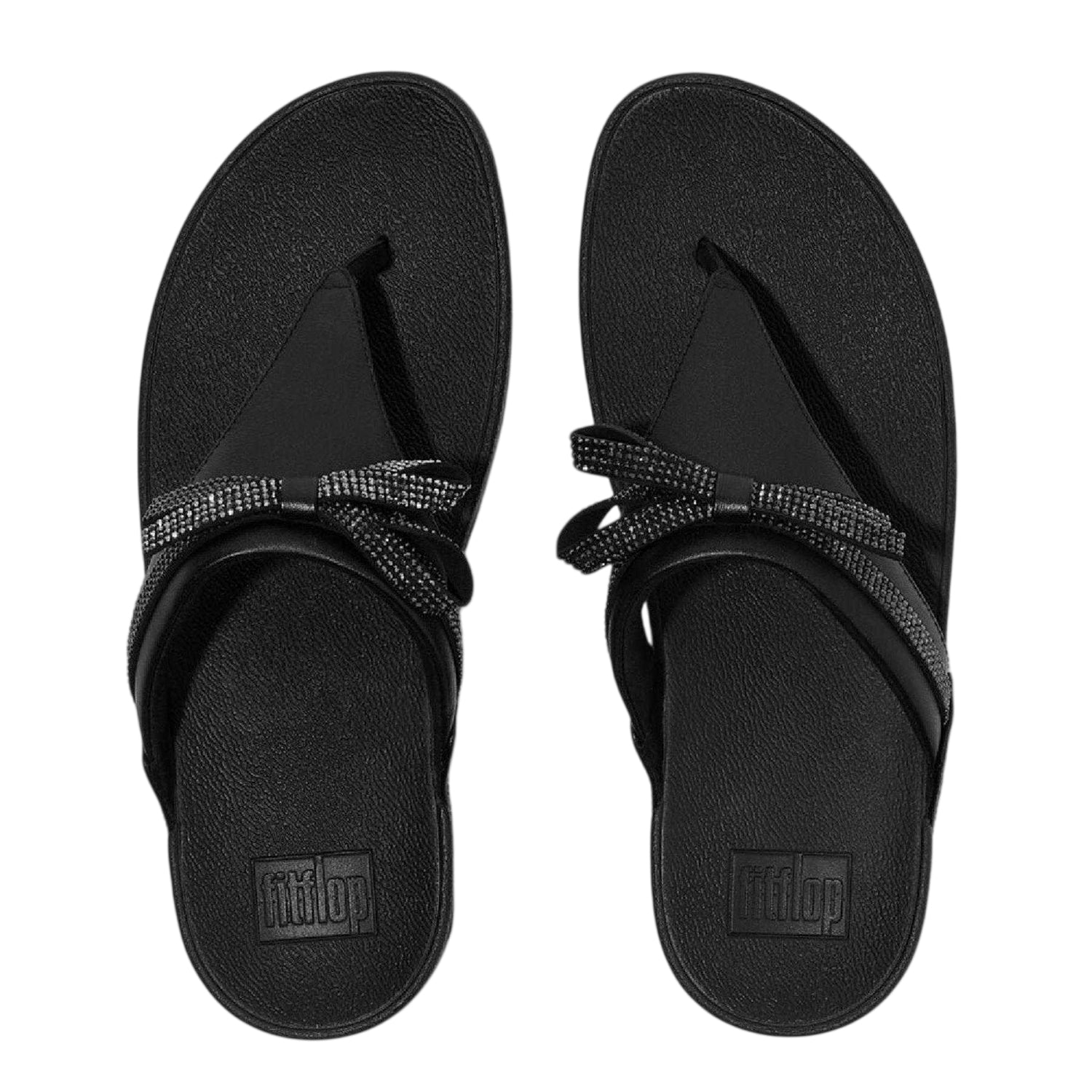 Black - Lifestyle - FitFlop Womens-Ladies Lulu Glitter Bow Leather Toe Post Wedge Sandals