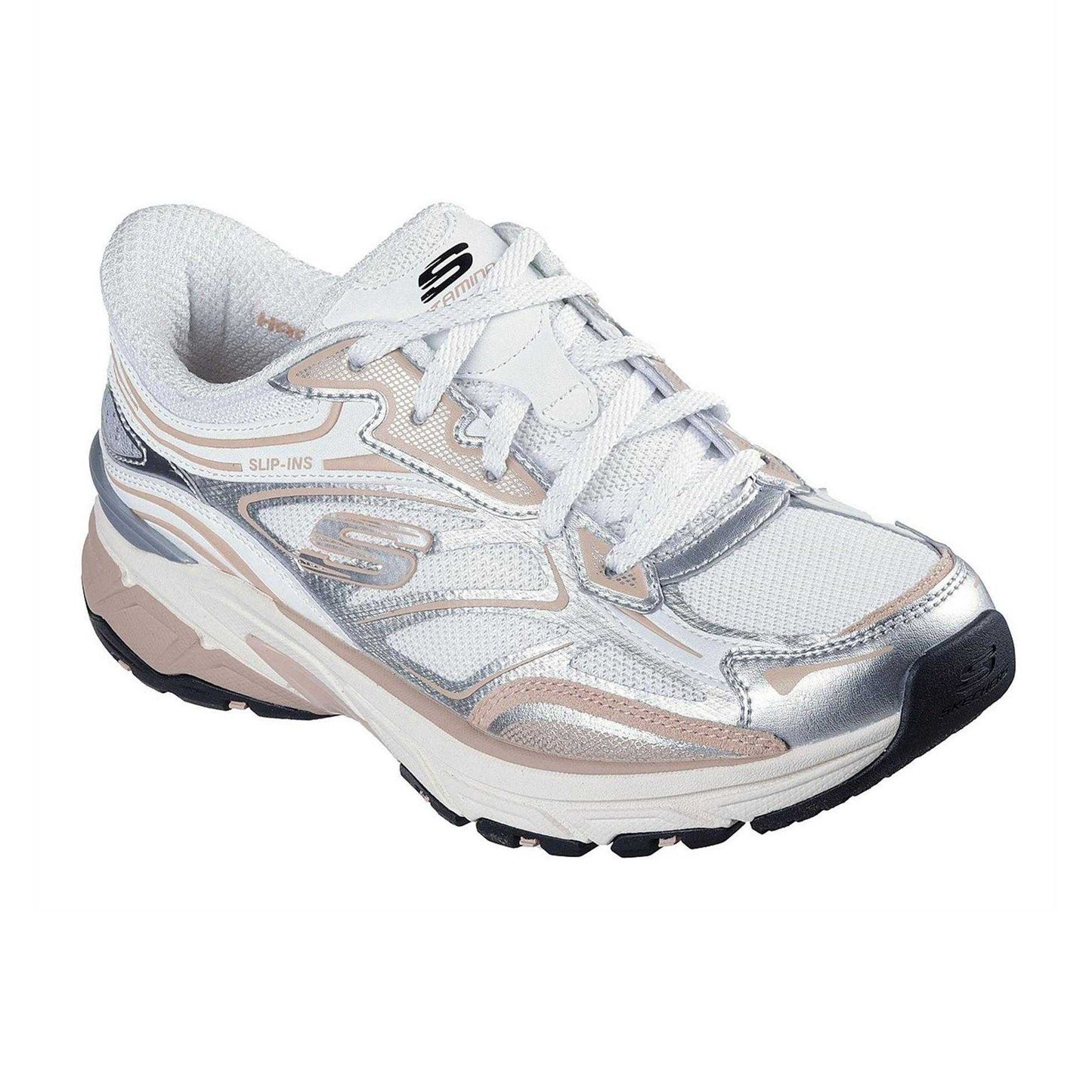 White-Pink - Pack Shot - Skechers Womens-Ladies Stamina Metallic Detail Leather Trainers