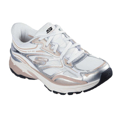 White-Pink - Pack Shot - Skechers Womens-Ladies Stamina Metallic Detail Leather Trainers