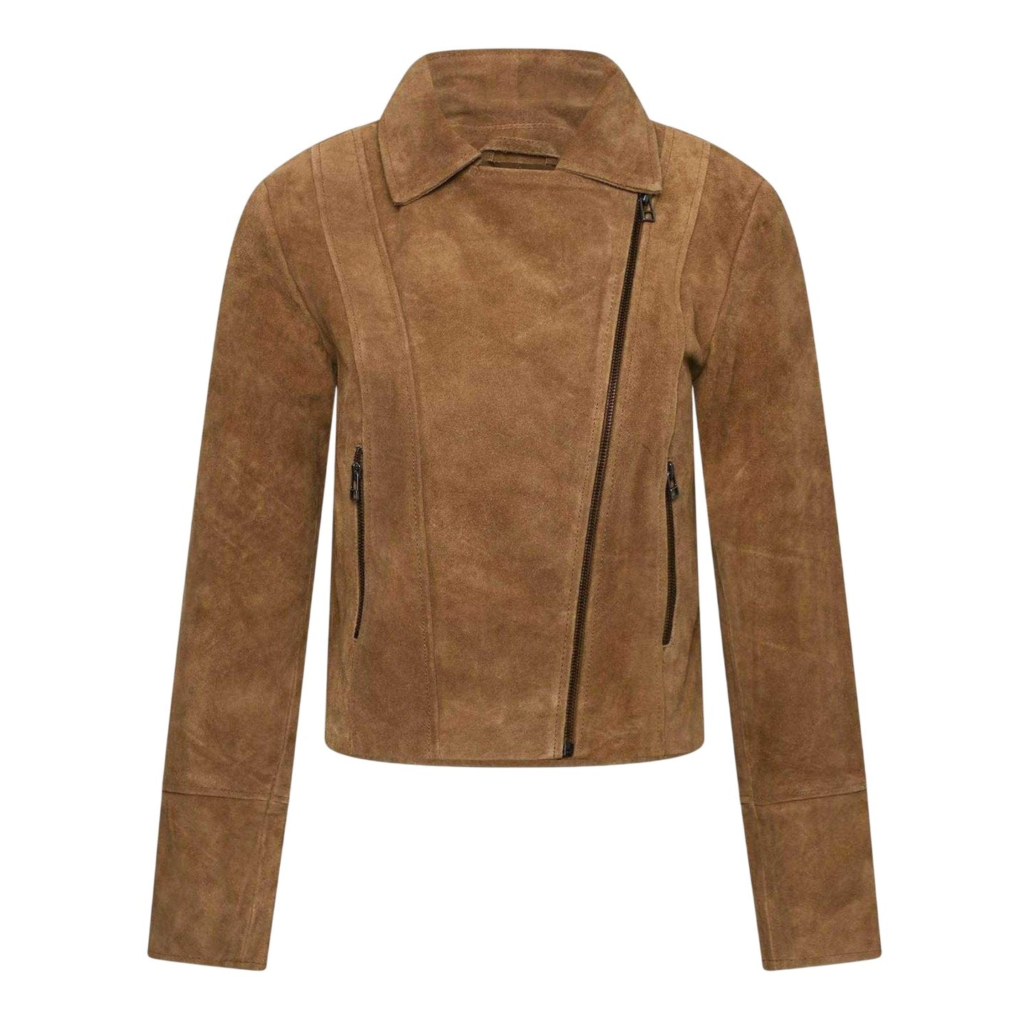 Tan - Front - Elle Womens-Ladies Suede Biker Jacket