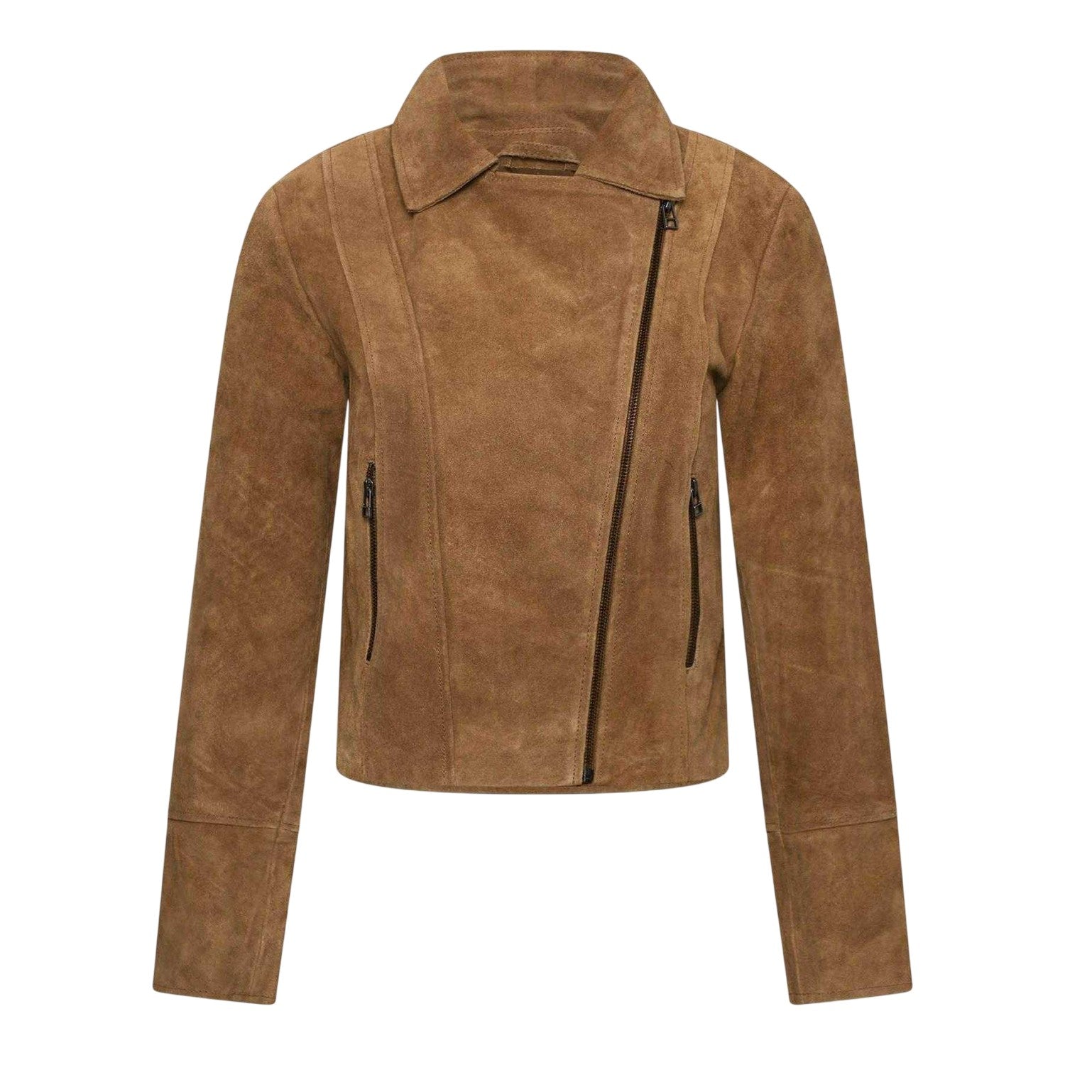 Tan - Front - Elle Womens-Ladies Suede Biker Jacket