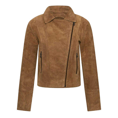 Tan - Front - Elle Womens-Ladies Suede Biker Jacket