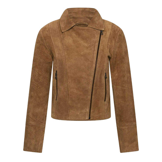 Tan - Front - Elle Womens-Ladies Suede Biker Jacket