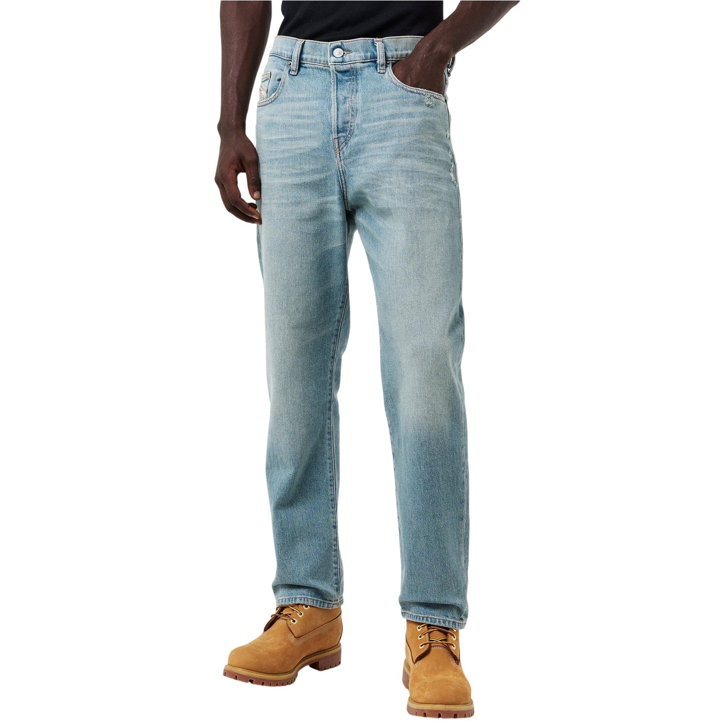 Blue Denim - Side - Diesel Mens 1998 Washed Denim 5 Pockets Straight Leg Jeans
