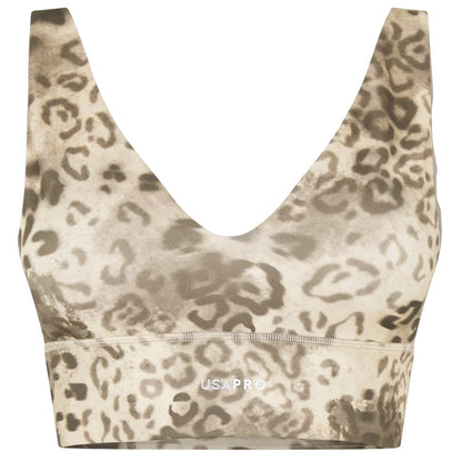 Brown - Front - USA Womens-Ladies Pro Leopard Print V Neck Slim Sports Bra