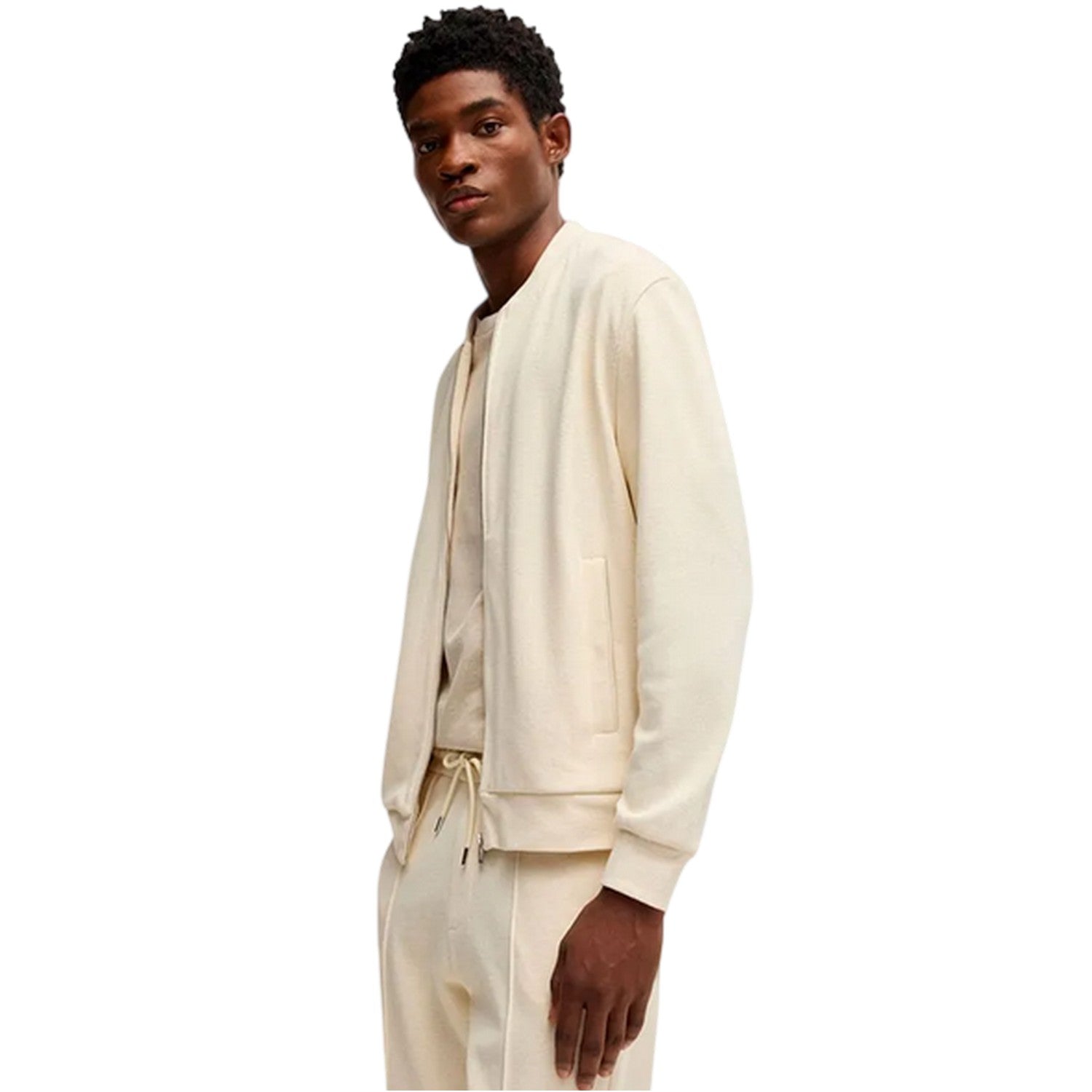 White - Lifestyle - Boss Mens Solid Front Pocket Bomber Jacket