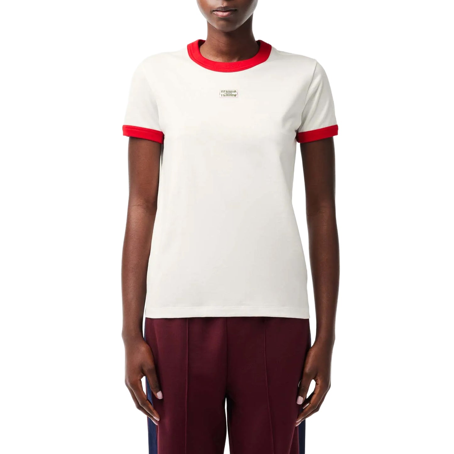 White-Red - Side - Lacoste Womens-Ladies Cotton Slim Tennis T-Shirt