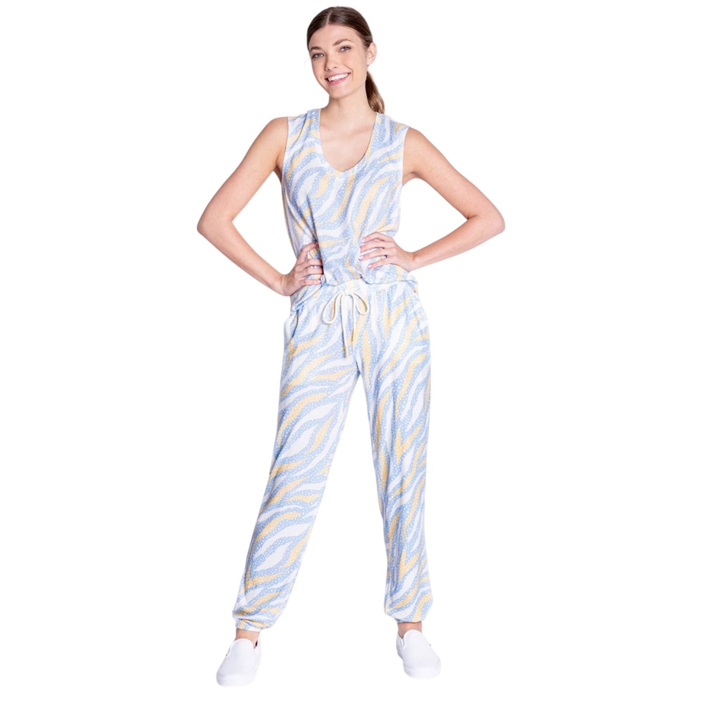Light Blue - Pack Shot - PJ Salvage Womens-Ladies Tiger Print Joggers