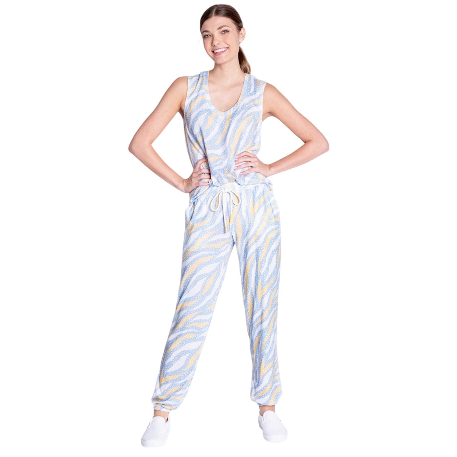Light Blue - Pack Shot - PJ Salvage Womens-Ladies Tiger Print Joggers