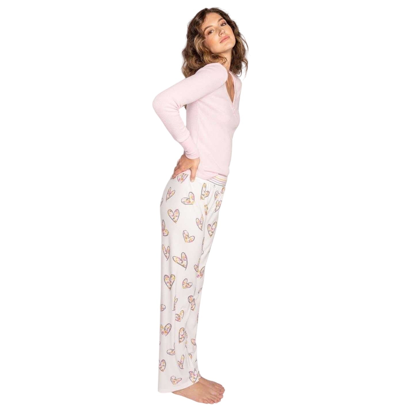 Off White - Back - PJ Salvage Womens-Ladies Hearts & Flowers Lounge Pants