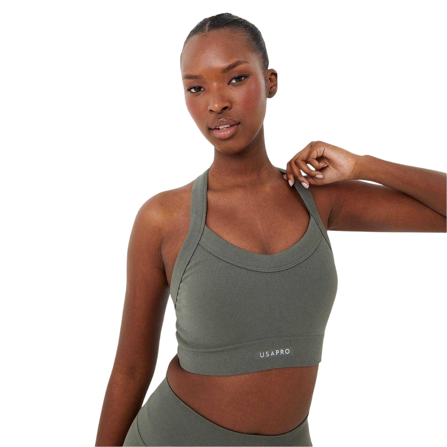 Light Khaki - Side - USA Pro Womens-Ladies Sophie Habboo Ribbed Sculpting Sports Bra