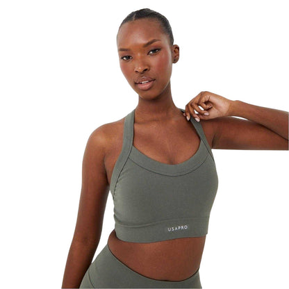 Light Khaki - Side - USA Pro Womens-Ladies Sophie Habboo Ribbed Sculpting Sports Bra