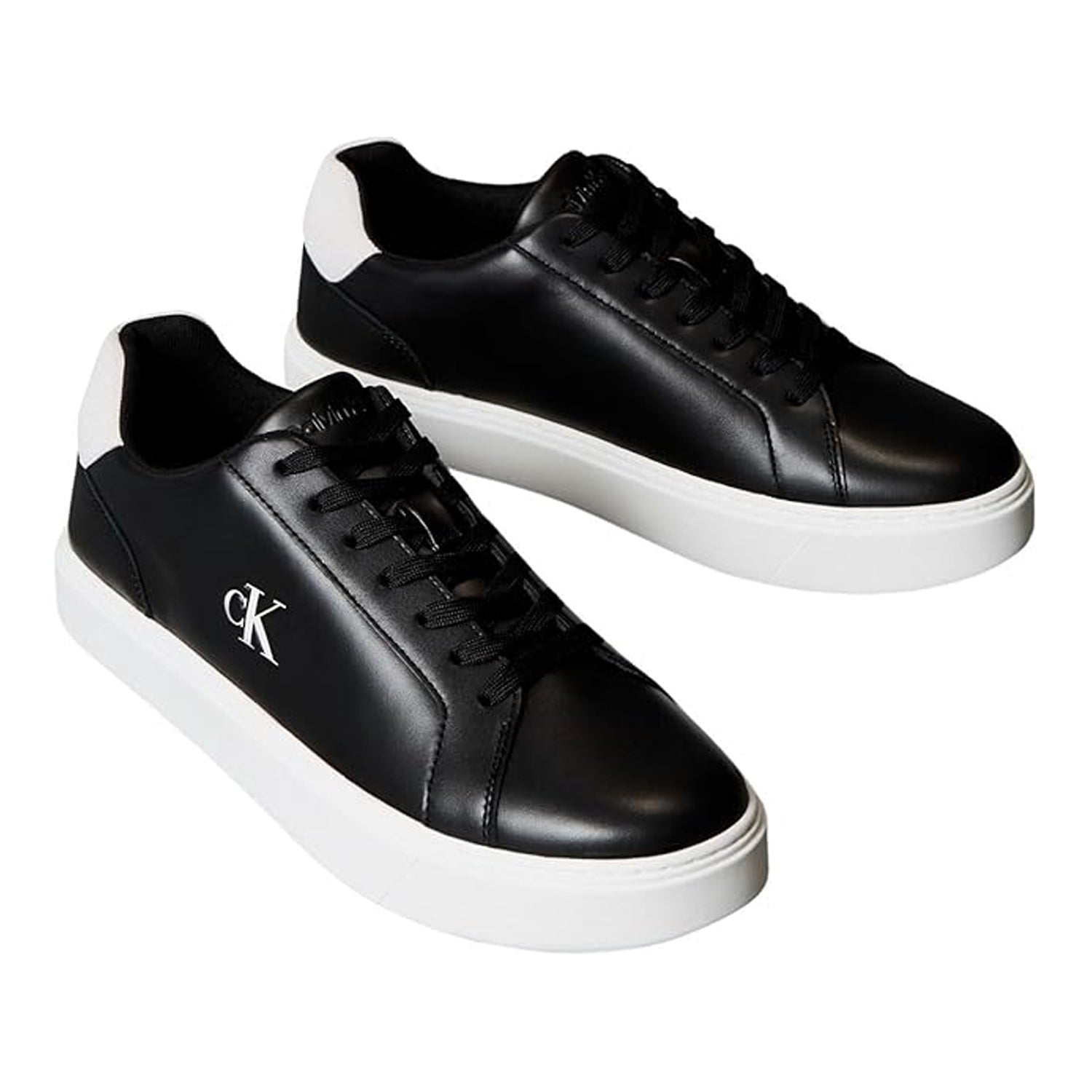 Black-White - Side - Calvin Klein Mens Classic Logo Leather Flat Trainers