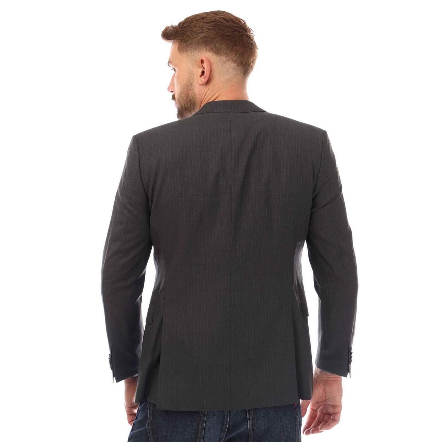 Grey - Back - Boss Mens Pinstripe Virgin Wool Blazer