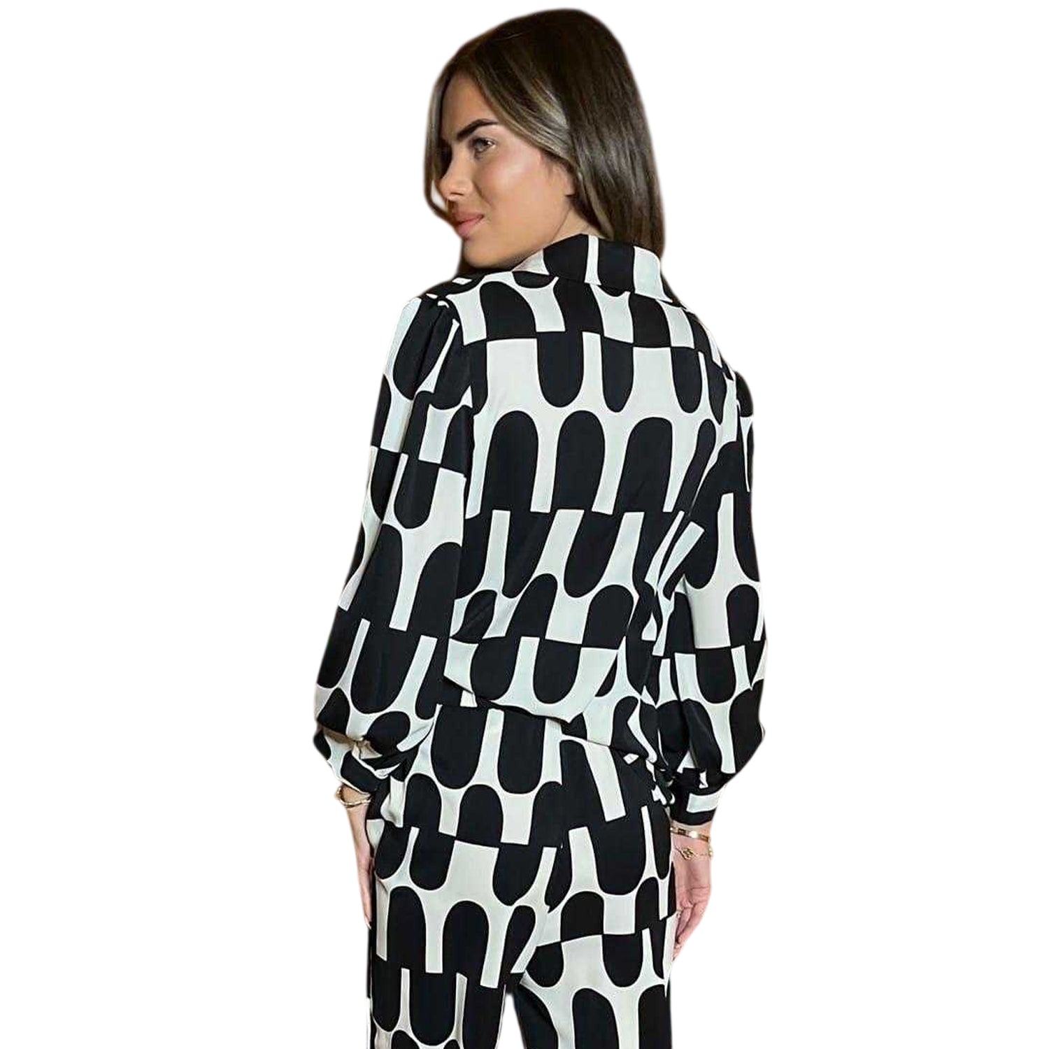 Black-Cream - Back - AX Paris Womens-Ladies Geometric 3-4 Sleeve Shirt