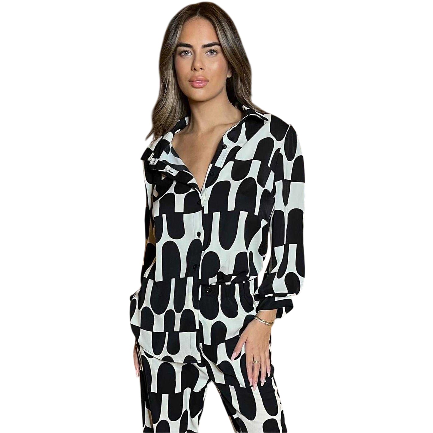 Black-Cream - Side - AX Paris Womens-Ladies Geometric 3-4 Sleeve Shirt