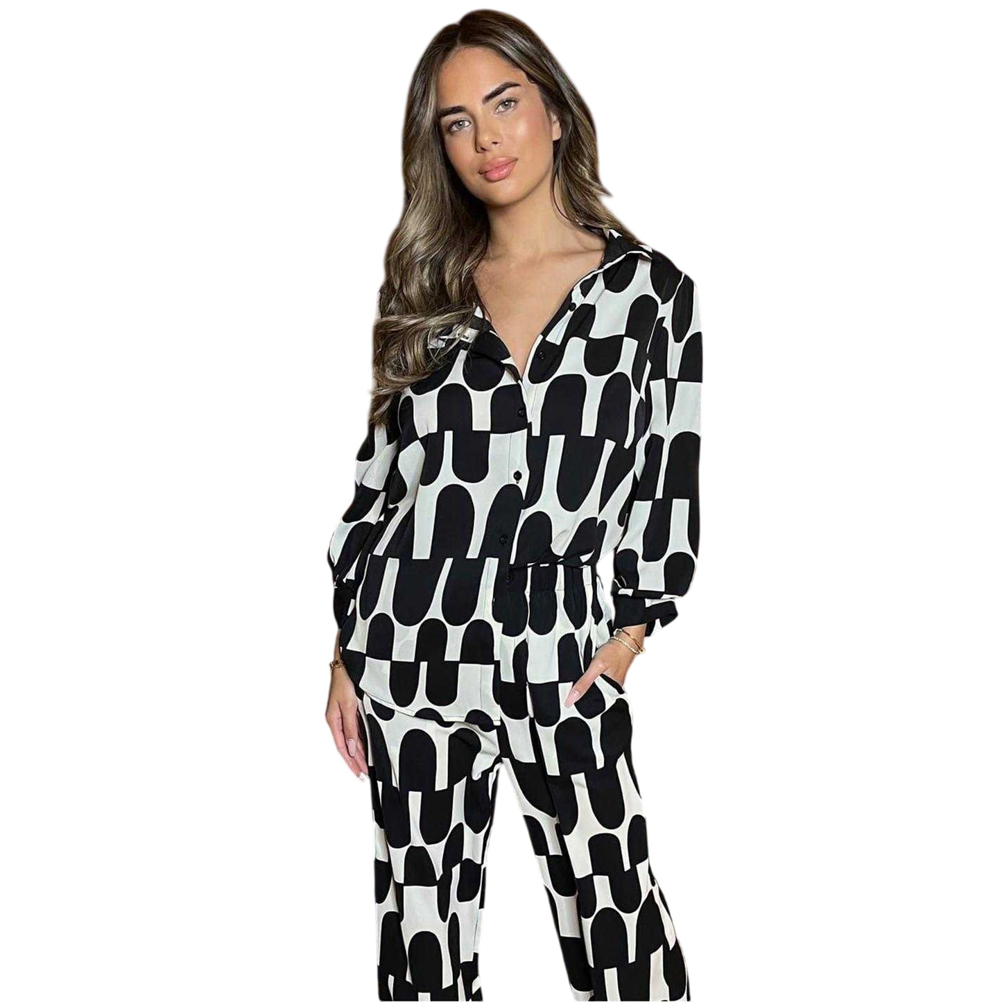 Black-Cream - Front - AX Paris Womens-Ladies Geometric 3-4 Sleeve Shirt