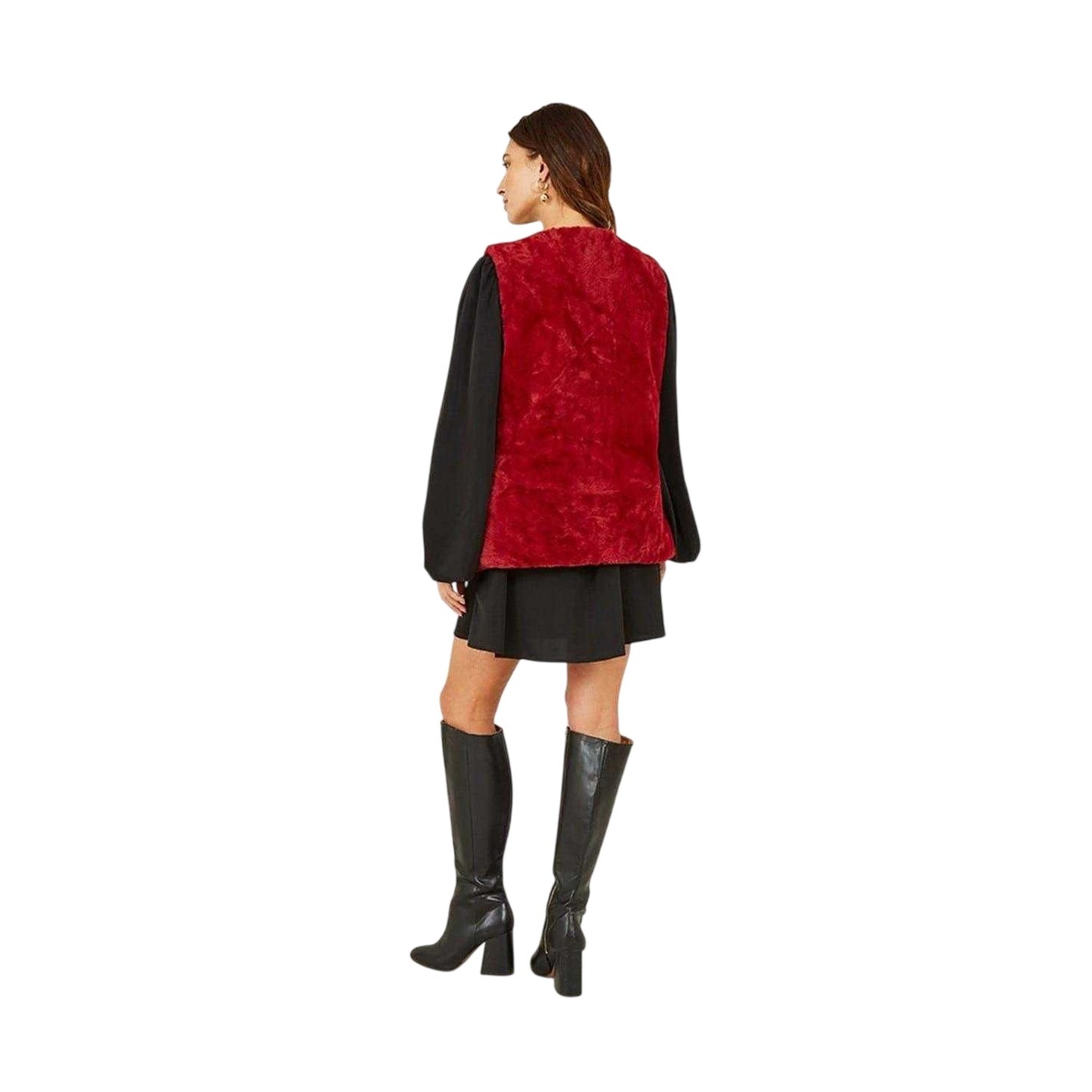 Red - Back - Yumi Womens-Ladies Collarless Faux Fur Sleeveless Gilet