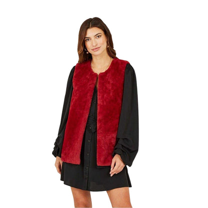 Red - Side - Yumi Womens-Ladies Collarless Faux Fur Sleeveless Gilet