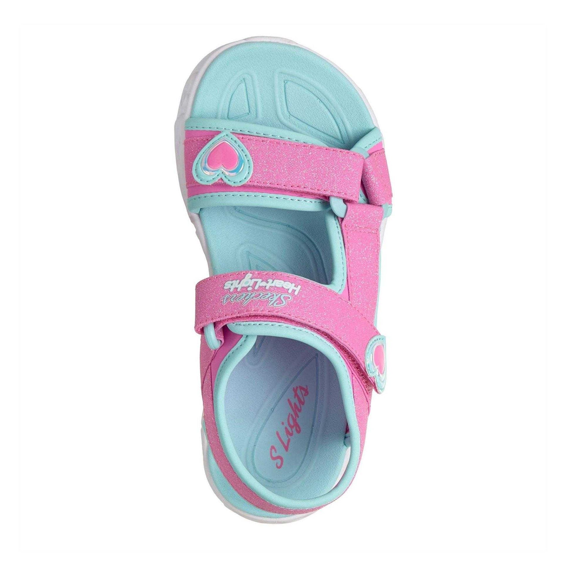 Pink-Turquoise - Side - Skechers Girls Hearts Light Up Sandals