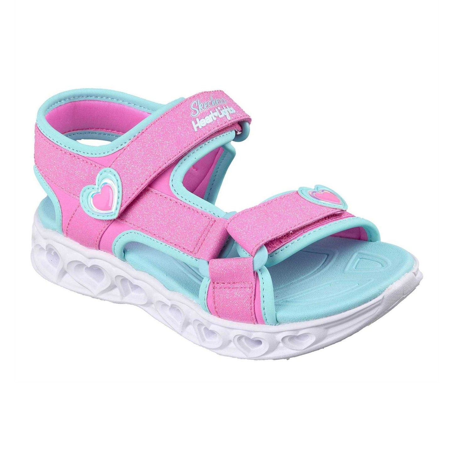 Pink-Turquoise - Pack Shot - Skechers Girls Hearts Light Up Sandals