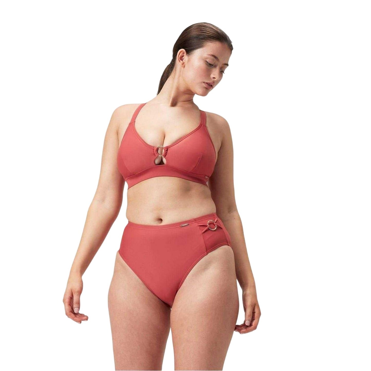 Red - Side - Speedo Womens-Ladies Gold Ring High Waist Bikini Bottoms