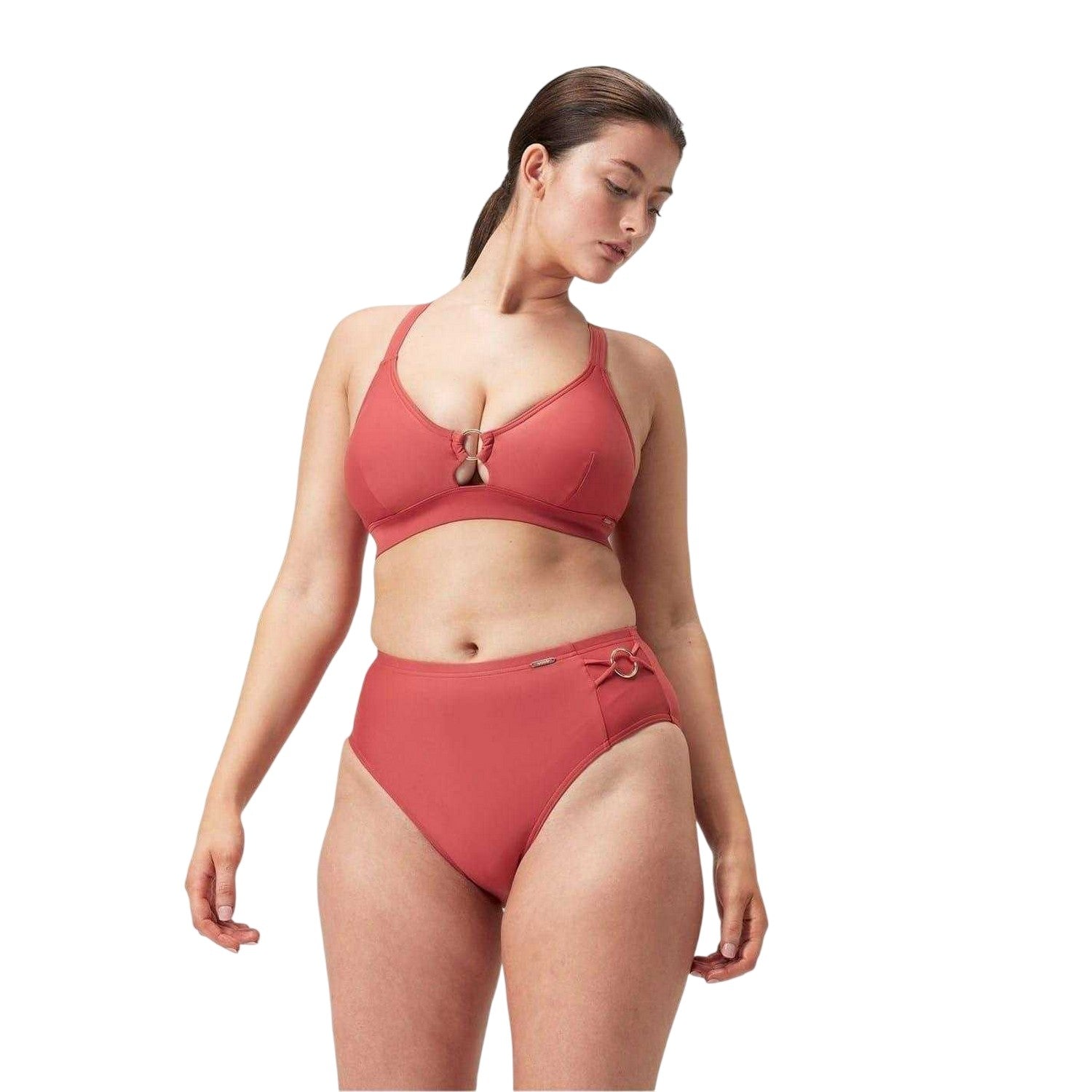 Red - Side - Speedo Womens-Ladies Gold Ring High Waist Bikini Bottoms